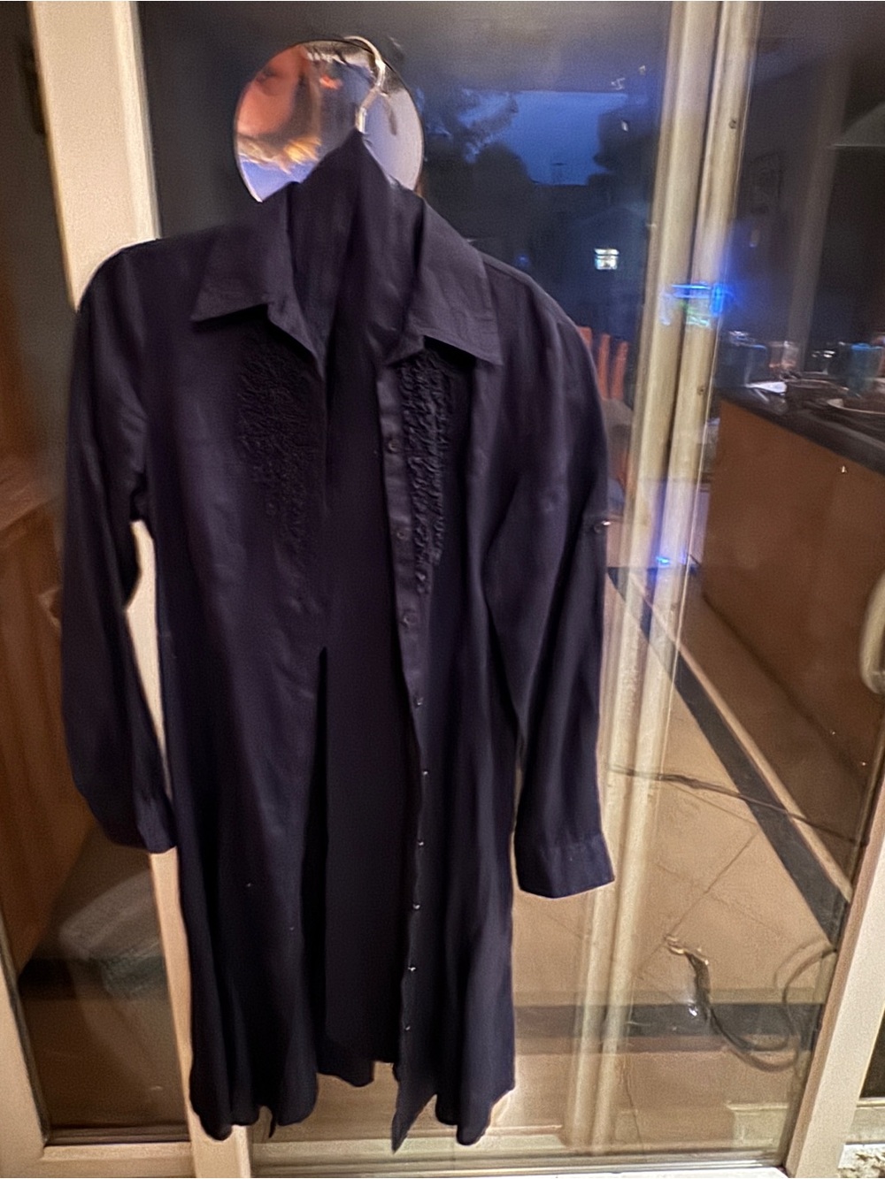 Ralph Lauren Navy Long Button-Up Shirt dress with Ruffled Front.